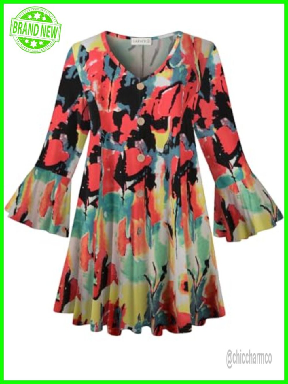 Womens Plus Size Tunic Top 3/4 Flare Sleeve A-Line Hem V-Neck Button Decor